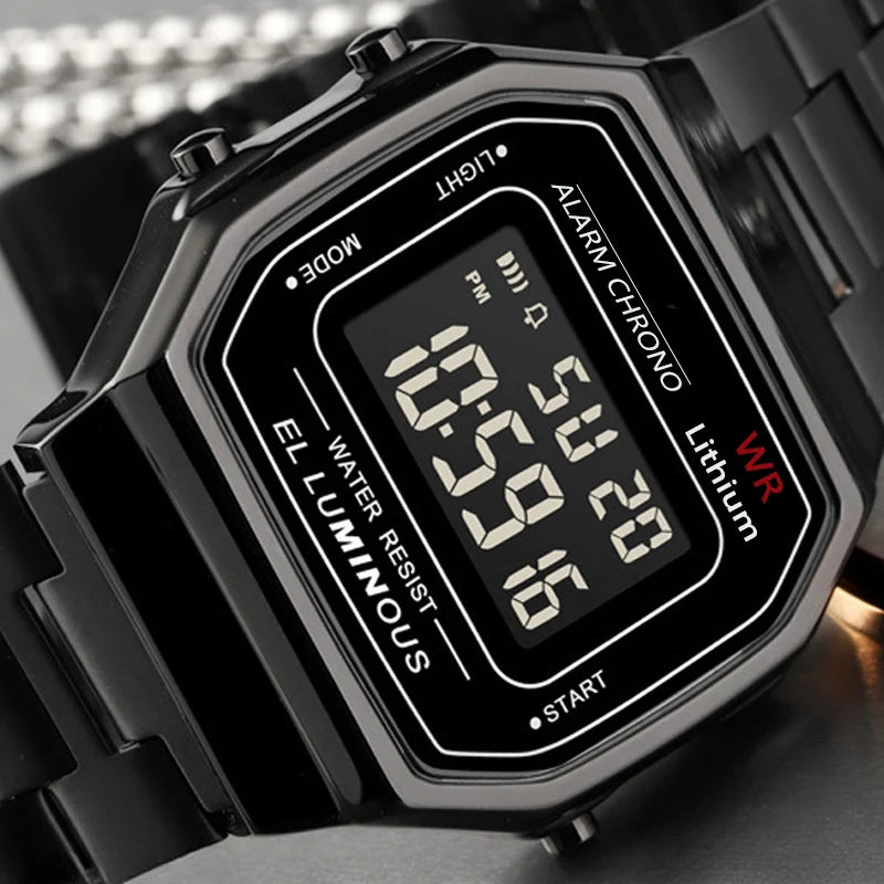 montre numérique rectangulaire affichage lcd rétro résistante chocs alarme date auto semaine noir rose