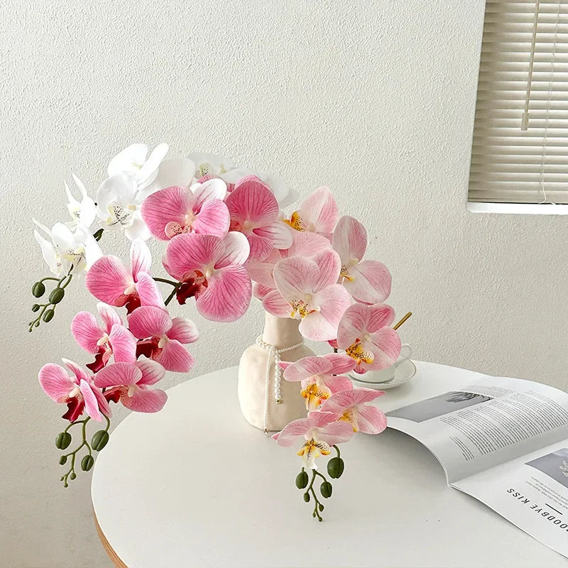 décoration intérieure vase orchidées artificielles fleurs douces feuilles vertes moderne élégant rose blanc violet