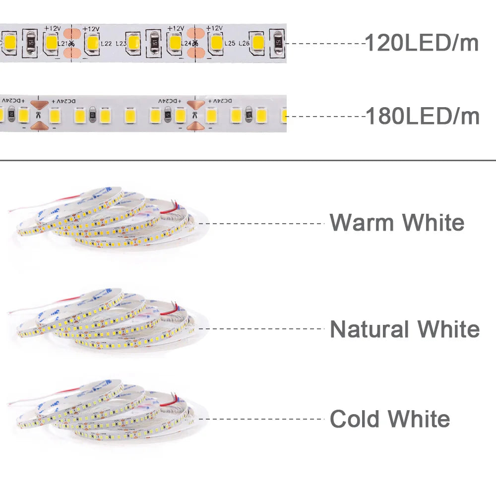 ruban led 12v 24v 120leds 240leds blanc chaud froid naturel adhésif haute luminosité