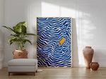 affiche moderne surfeur bleu blanc jaune vague ondulée rectangle vertical sans cadre