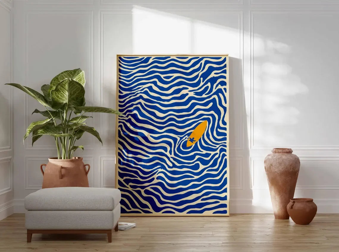 affiche moderne surfeur bleu blanc jaune vague ondulée rectangle vertical sans cadre