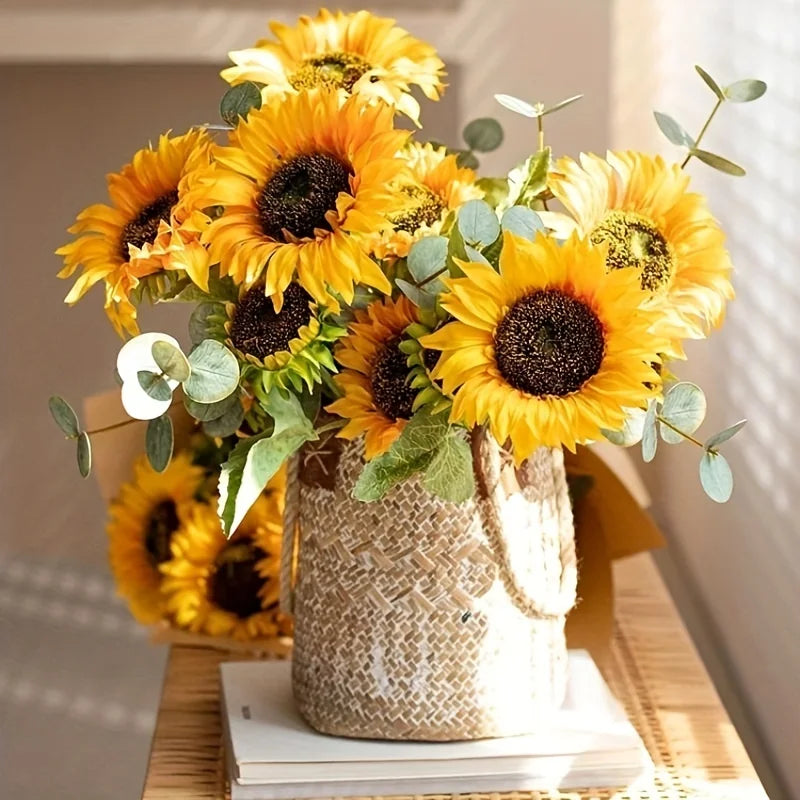 bouquet tournesols artificiels jaunes grandes feuilles vertes deco intérieur rustique opalescent naturel