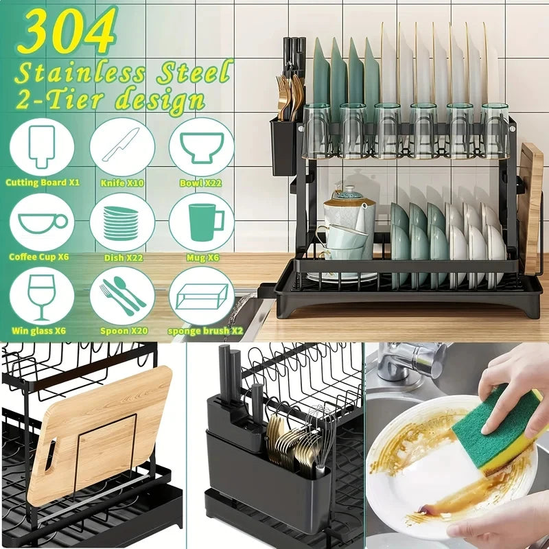 égouttoir vaisselle acier inoxydable moderne noir blanc rangement couteaux cuillères verres plats tasses