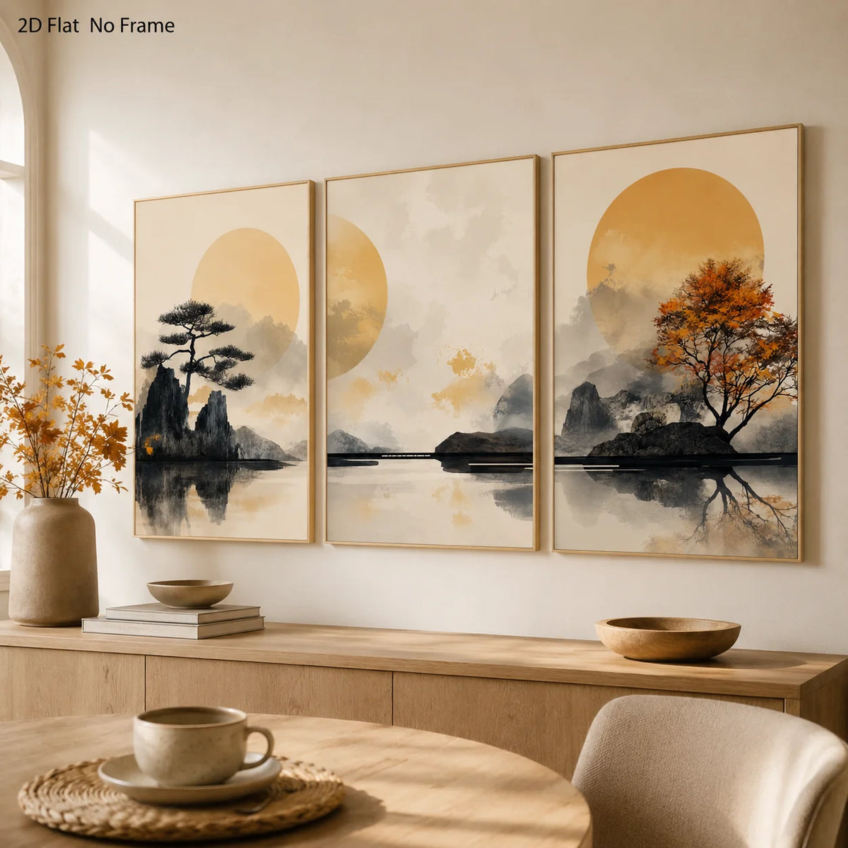 tableau moderne paysage abstrait montagnes arbres ciel reflets eau sans cadre beige orange gris