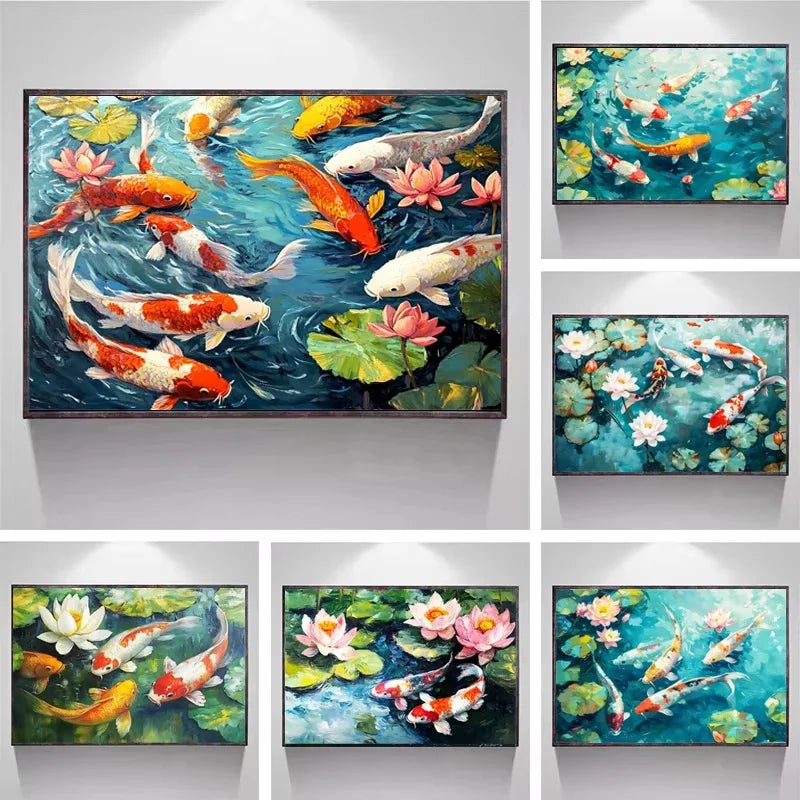 kit peinture numéros toile poisson koi fleur lotus cadre décoration maison