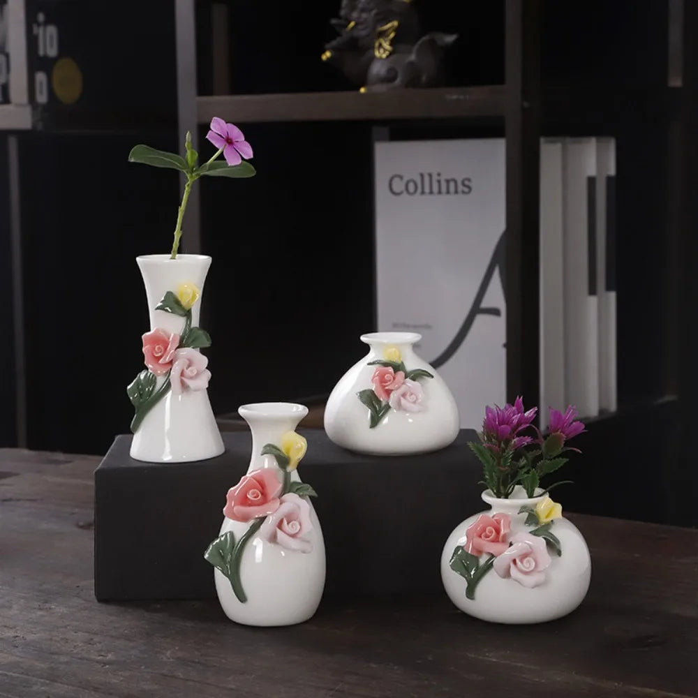 vases céramique blanc fleurs relief classique intérieur décoration maison vintage faux fleurs miniature