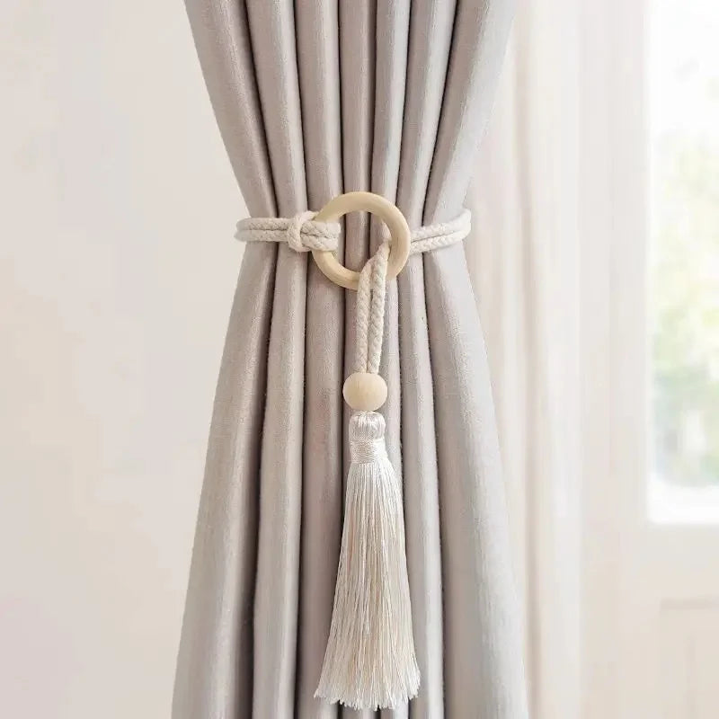 attaches rideau tassel bois moderne élégant franges anneaux chanvre uni beigeclair