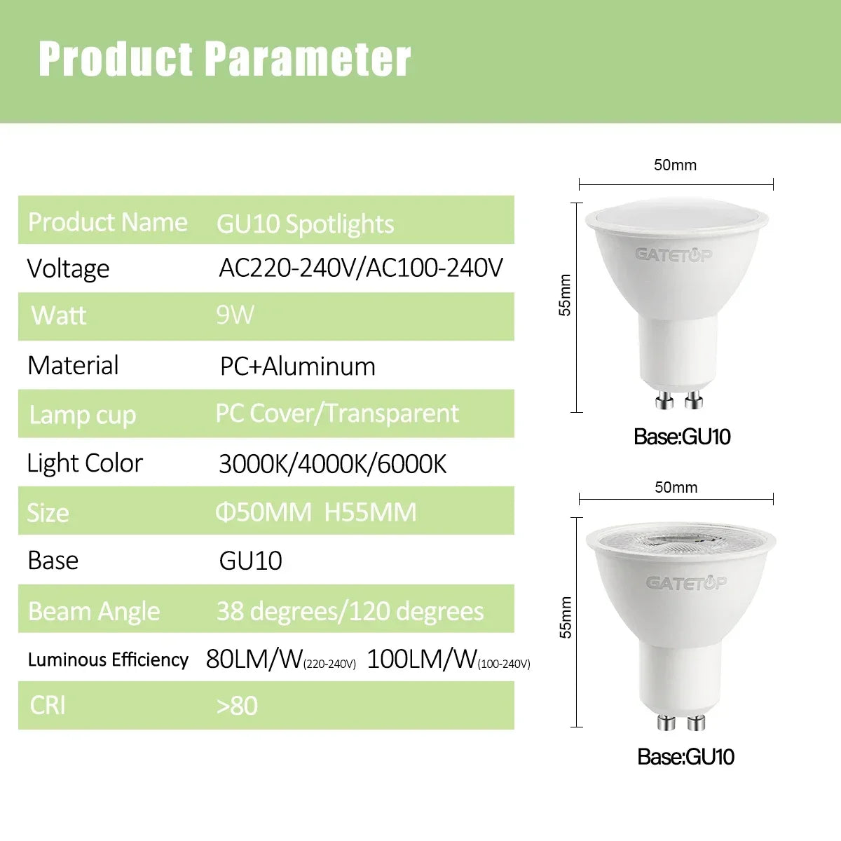 projecteur led gu10 9w blanc moderne 120 degrés 3000k 4000k 6000k transparent salon