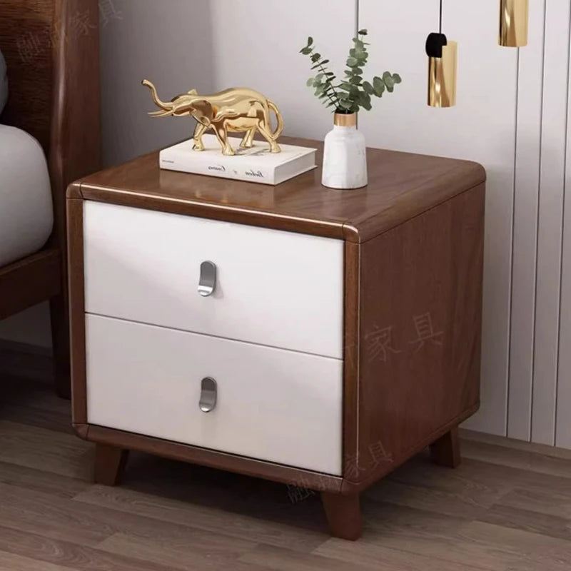 table nuit moderne bois blanc marron poignées métalliques chargeur sans fil