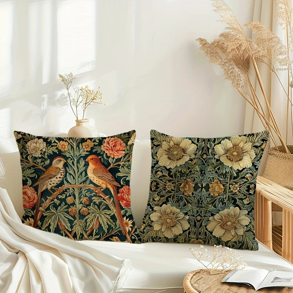 housses coussin vintage floral oiseaux tissu polyester beige vert orange jaune bleu décoratif