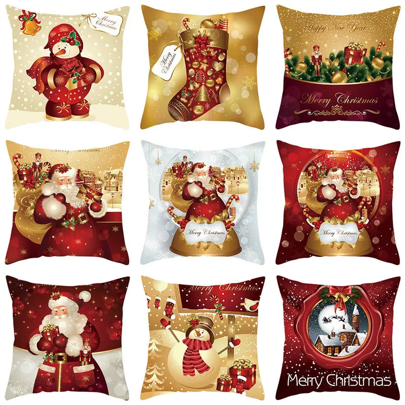 housse coussin noël père noel bonhomme neige boules sapin rouge blanc doré traditionnel fixe
