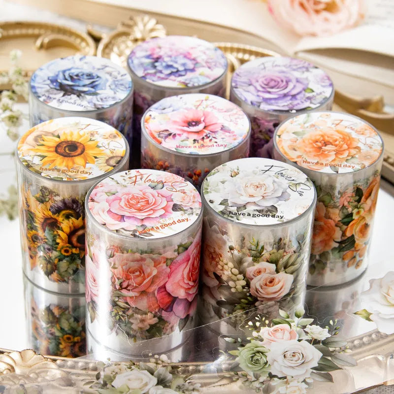 ruban decoratif floral vintage adhesif jaune orange rose violet vert blanc tournesols roses motifs