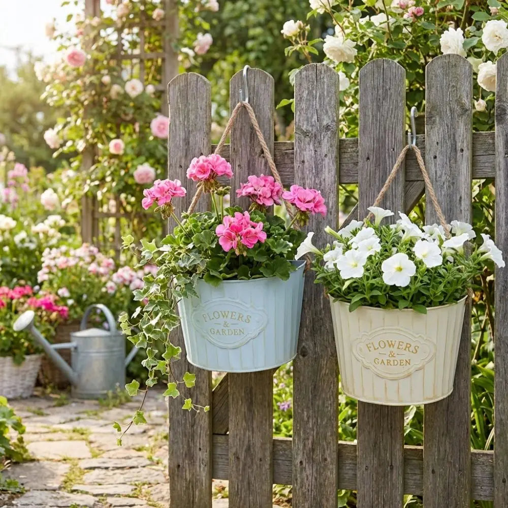 pots fleurs suspendus vintage blanc bleu clair rayures dorées corde naturelle plante artificielleextérieur mur