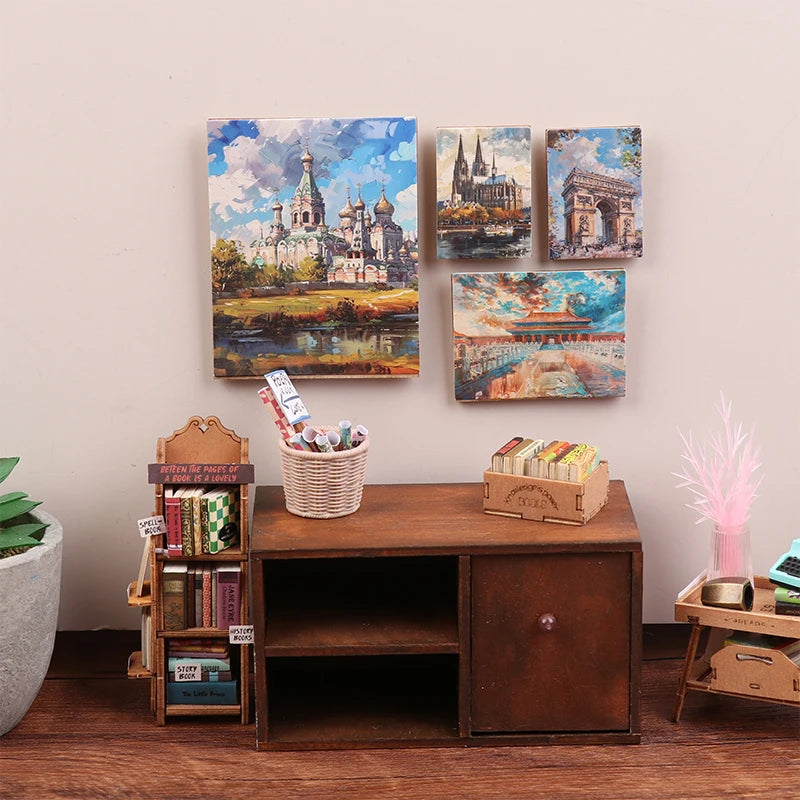 tableaux impressionnistes miniature peinture bleu blanc rouge paysages urbains cadres accessoires maison poupée