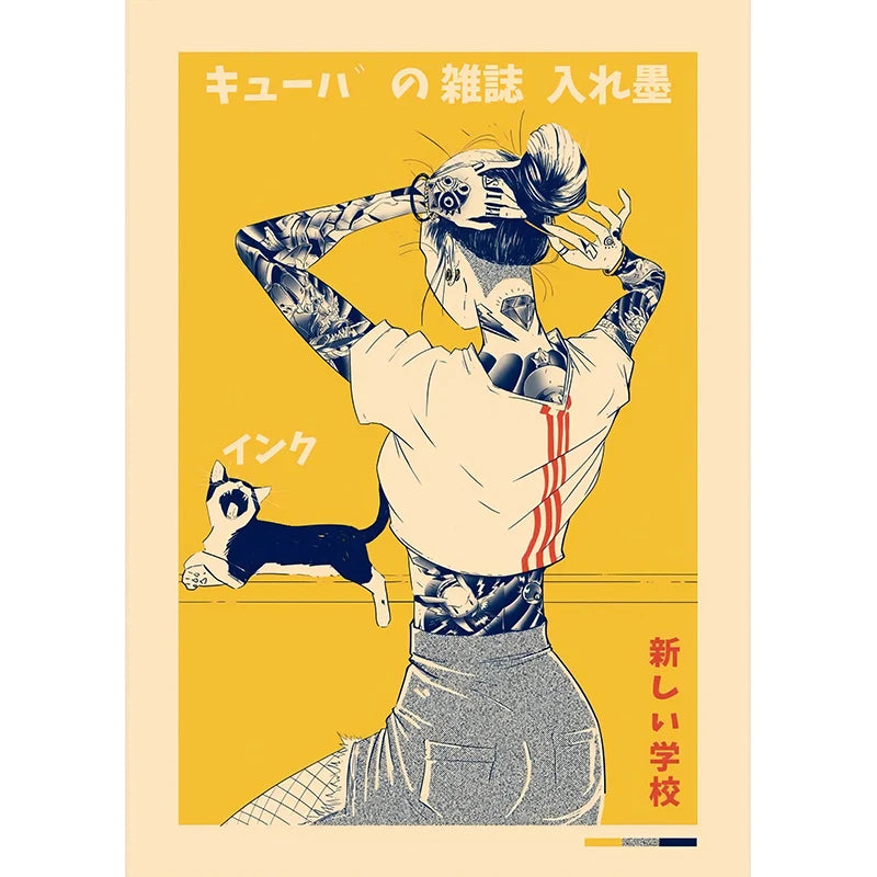 affiche toile tatouée fille jaune gris contemporaine graphique sans cadre decoration salon carré aquarelle