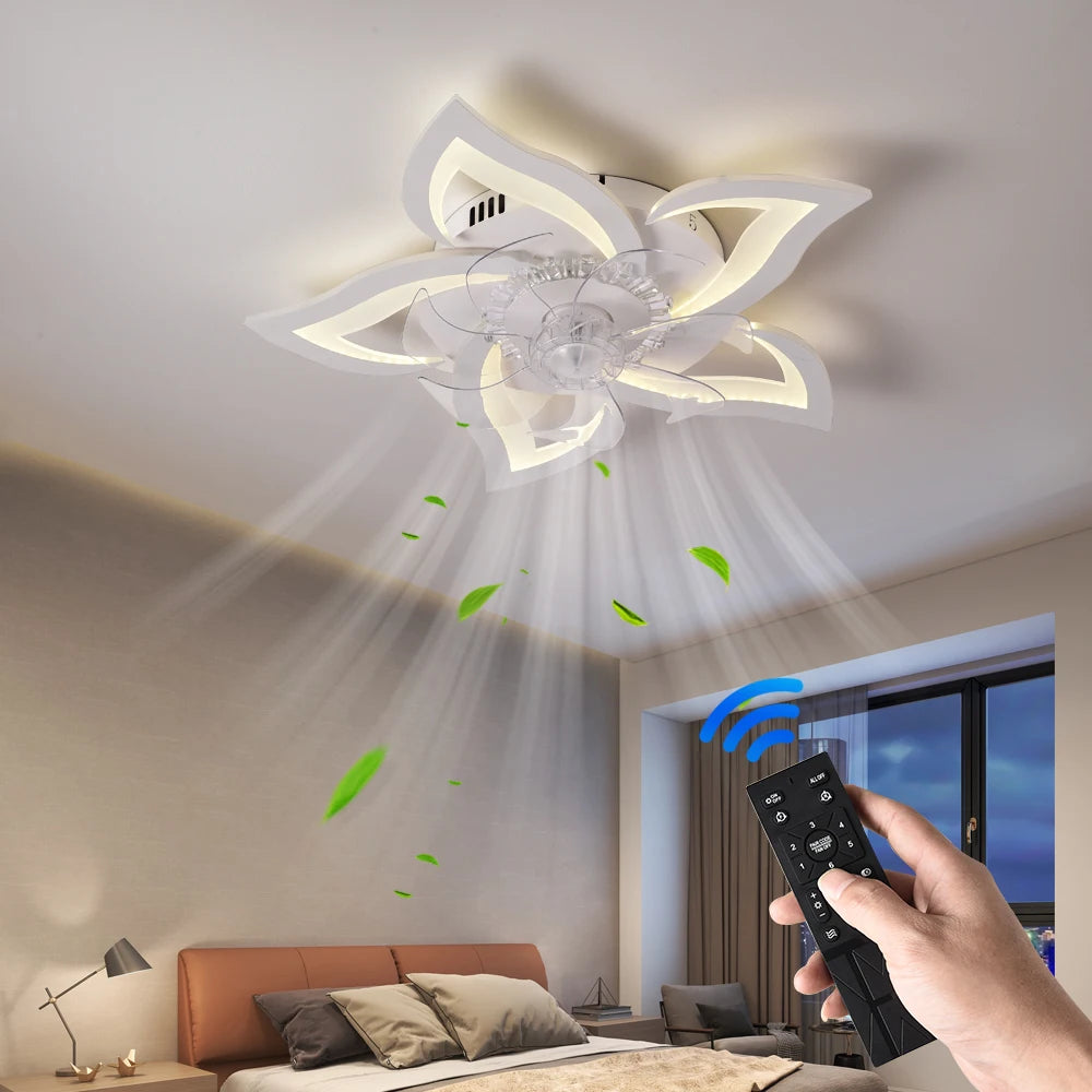 ventilateur éclairage moderne intensité variable forme fleur télécommande application minuterie vitesses led noir blanc