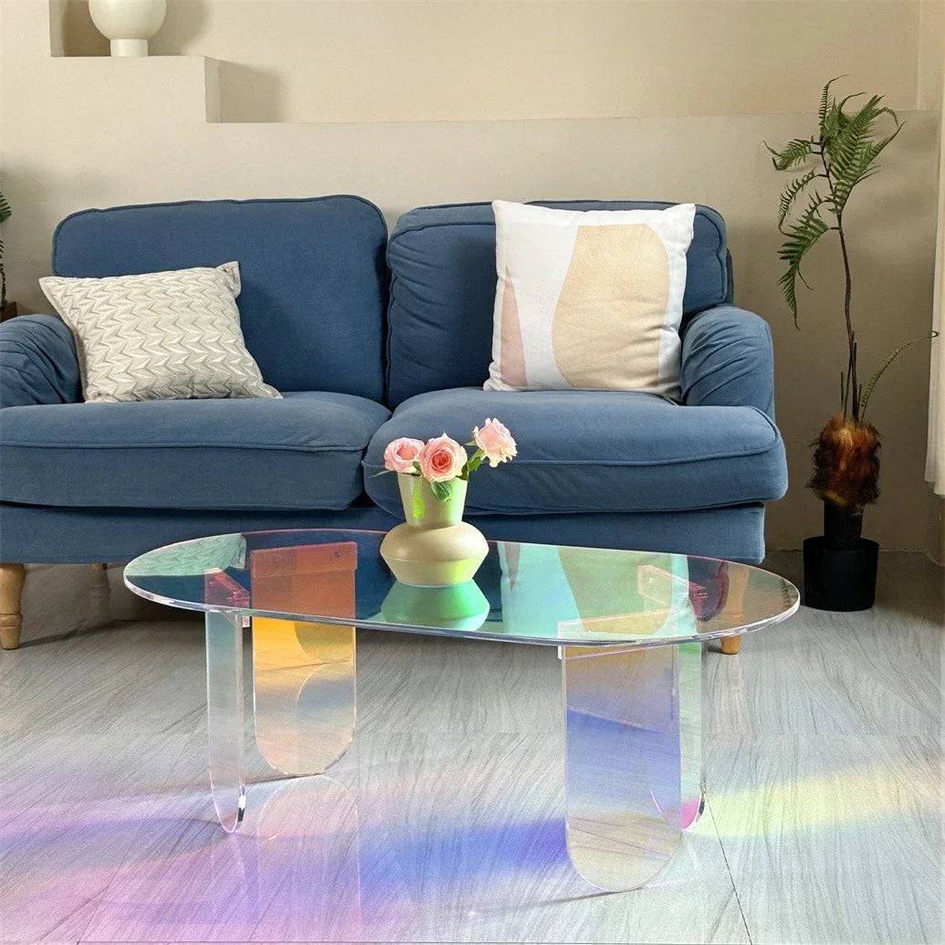 table basse moderne acrylic iridescente ovale minimaliste pieds translucides salon bureauDecorationDesignMeublesMaison