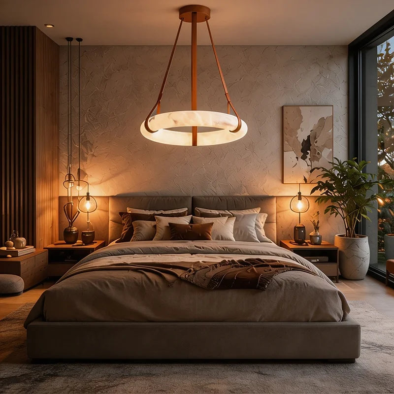 Suspension lumineuse moderne marbre marron cuir chaînes lumière LED 3000K 4500K 6000K