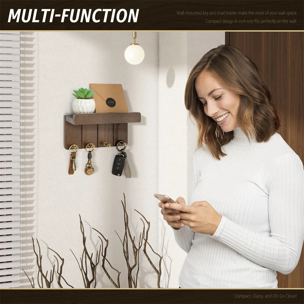 porte clés mural bois crochets étagère moderne minimaliste marron foncé succulentes porte monnaie
