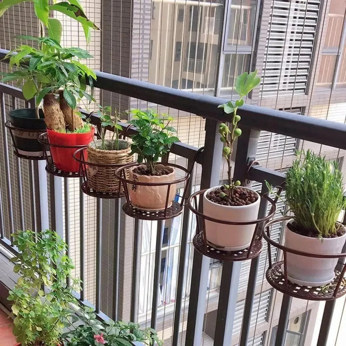 support plante mur noir grille moderne crochets balcon extérieur robuste fixations suspensions fleurs
