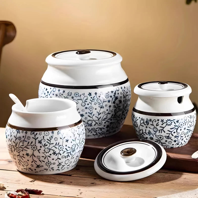 pots épices céramique fleurs stylisées couvercle cuillère plastique blanc rouge bleu noire hermétique kitchen