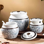 pots épices céramique fleurs stylisées couvercle cuillère plastique blanc rouge bleu noire hermétique kitchen