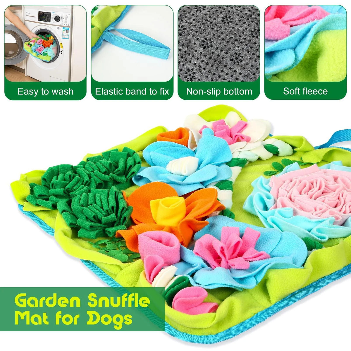 tapis jeu floral chien stimuler odorat fleurs relief couleurs vives ruban élastique vert blanc