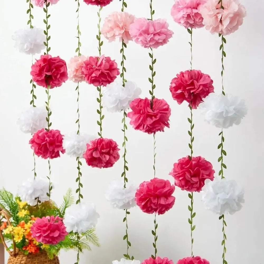 guirlande fleurs artificielles pompons rose blanc bleu modernes 2.5m pièces festive intérieure