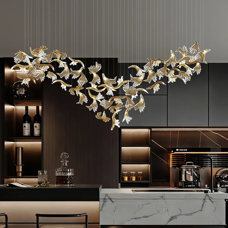lampe suspendue contemporaine élégante dorée feuilles stylisées lumière blanche translucide 3000k 4000k 6000k