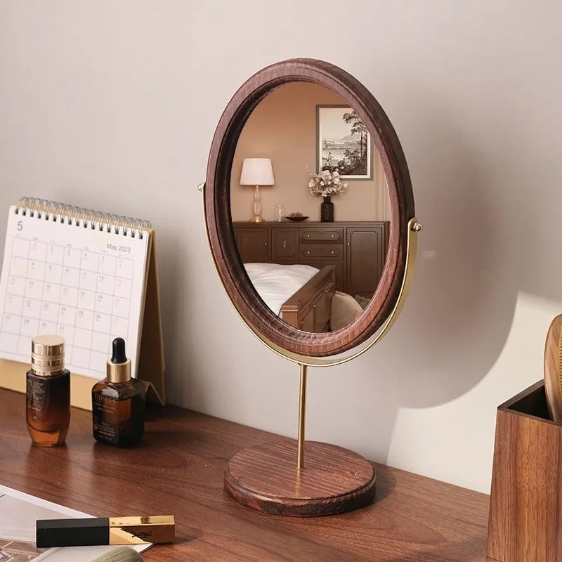 miroir cosmétique classique bois marron foncé pied central ornement décoration chambre erotique