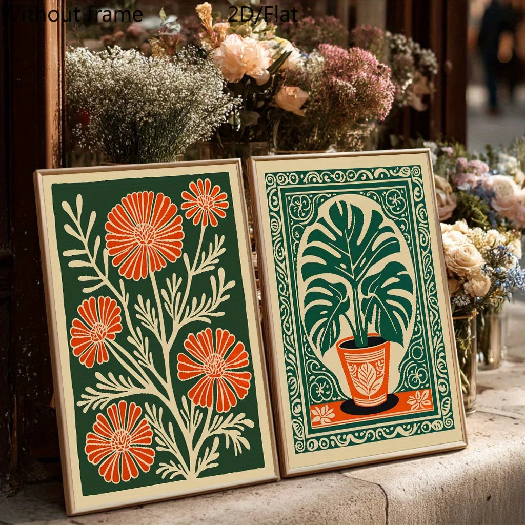 affiches modernes toile fleurs stylisées vert orange beige sans cadre