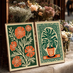 affiches modernes toile fleurs stylisées vert orange beige sans cadre