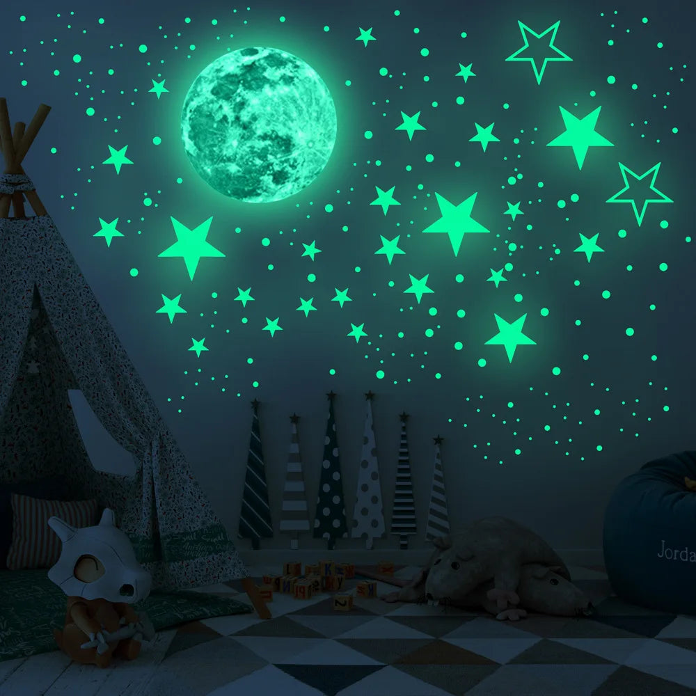 stickers muraux lumineux lune étoiles astronautes vaisseau spatial motif géométrique vert fluo adhésif décoration