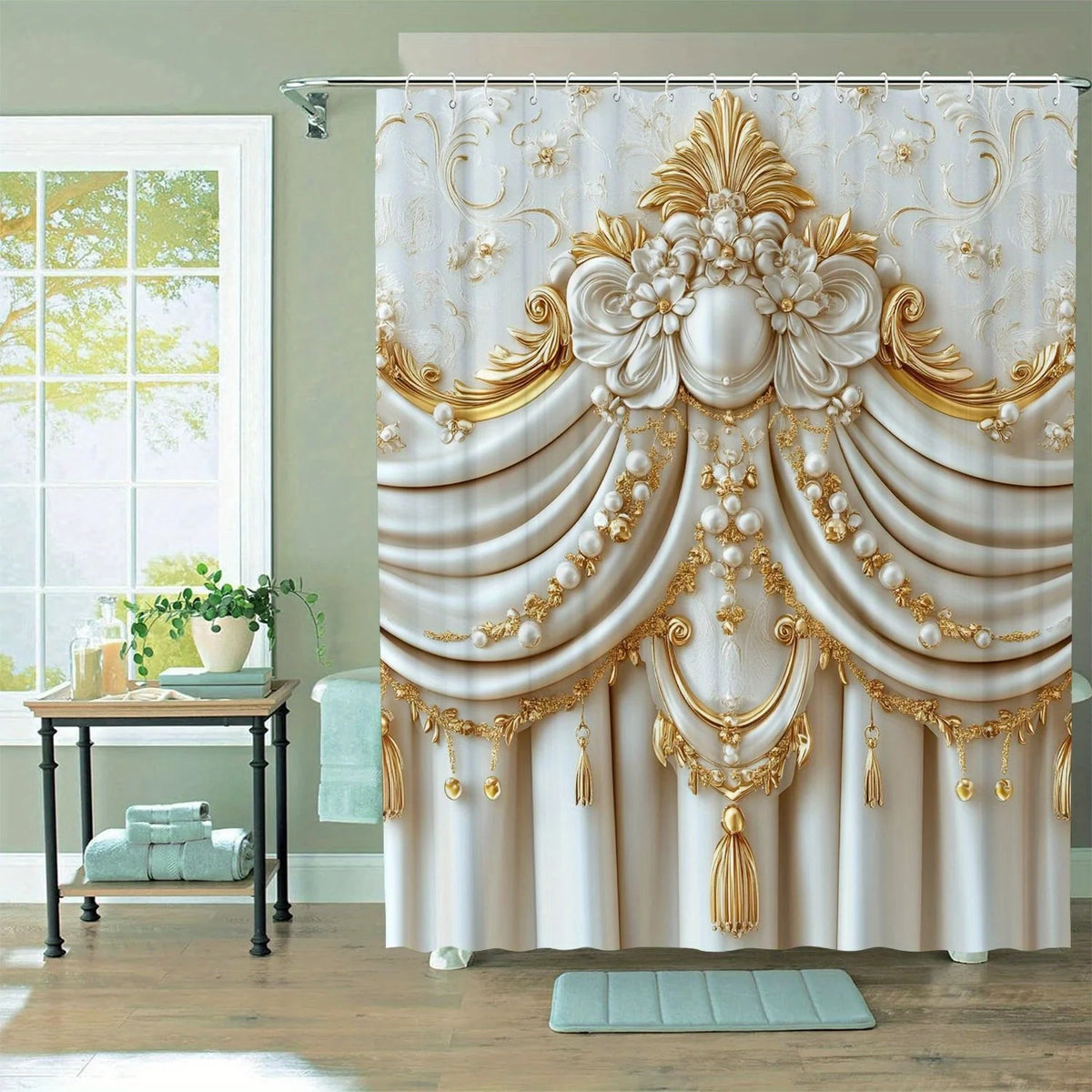rideau douche blanc doré ornements baroques classique imperméable polyester respectueux environnement