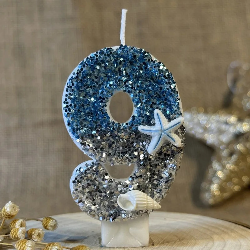 décoration gâteau sirène océan bougie chiffre paillettes étoiles mer coquillage thème marin blanc bleu