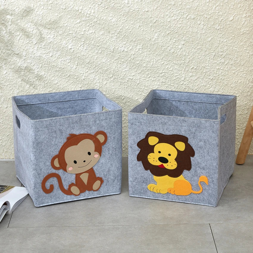 boîte rangement tissu felt pliable animaux motif gris clair enfant jouets vêtements poignées