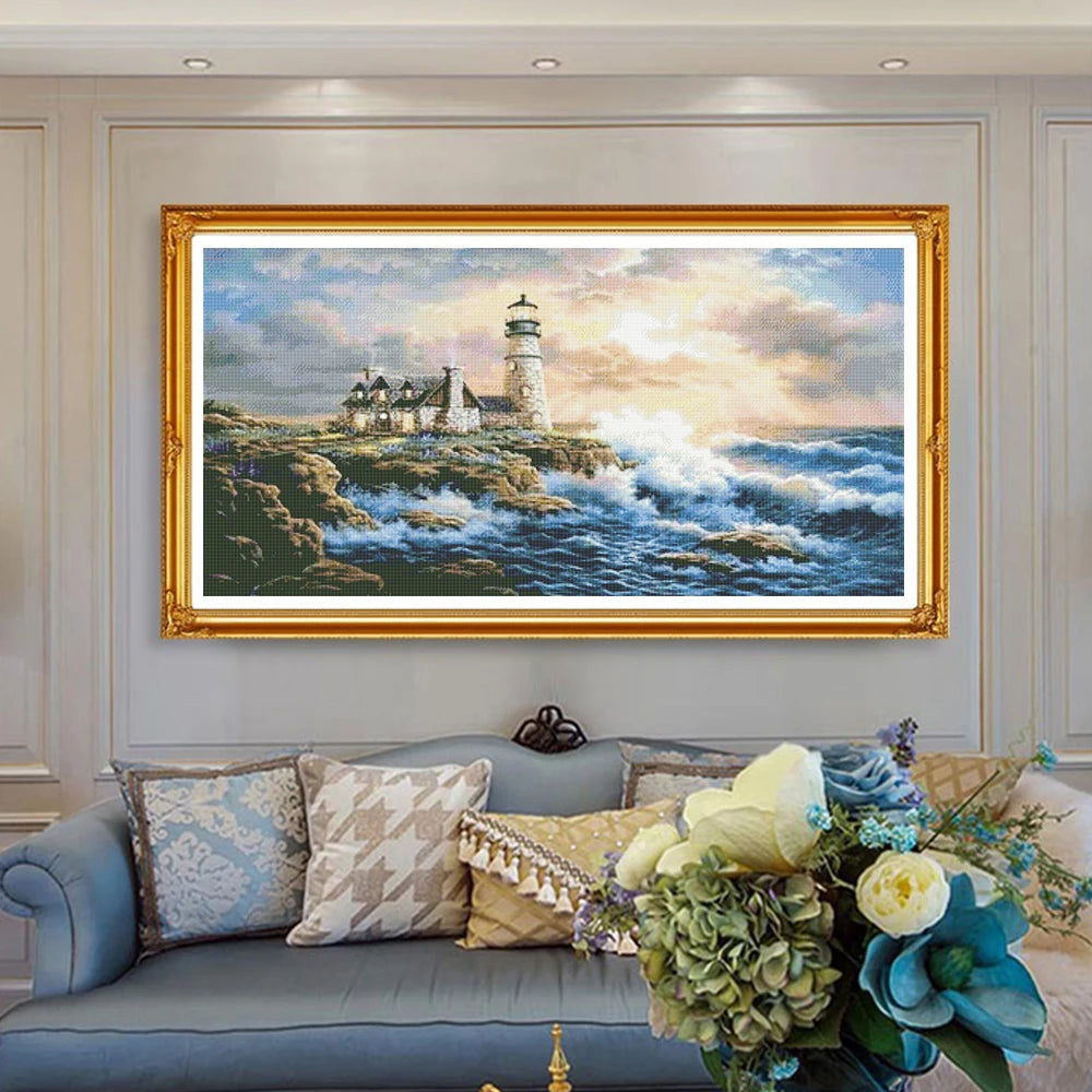 tableau point croix paysage marin phare nuages vagues multicolore moderne broderie fait main toile
