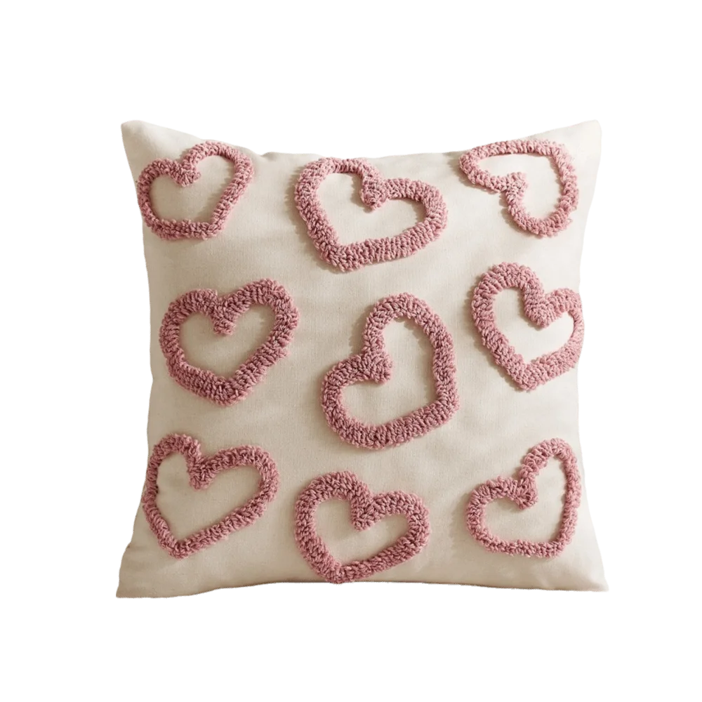 taies d'oreiller coeurs brodés blanc rouge rose pâle artisanal fermeture éclair opaques lit polyester