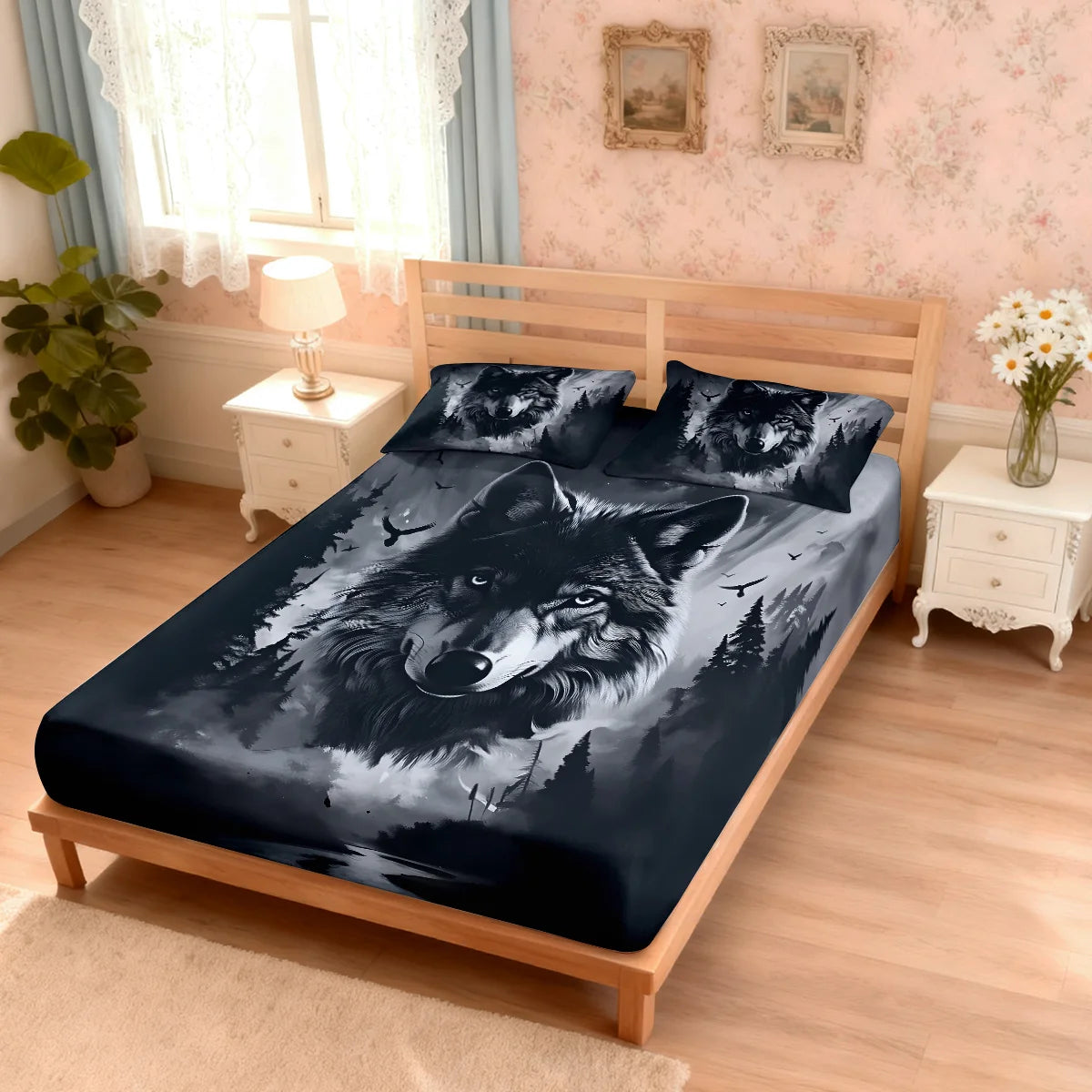 parure lit moderne motif loup forêt bleu nuit gris blanc coton polyester artistique