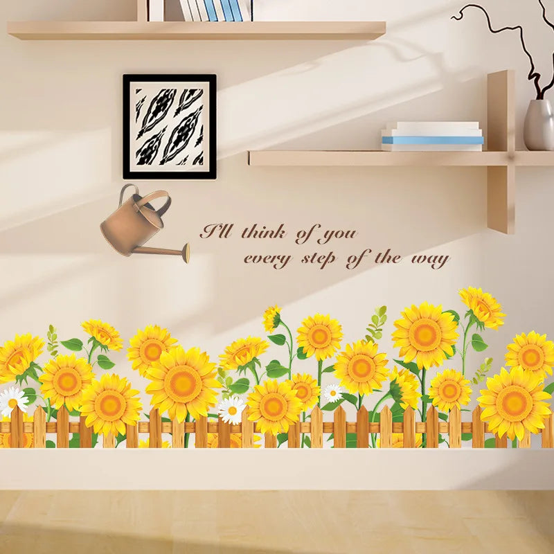 autocollant mural tournesol floral clôture bois inscription décoration mur opaque moderne chambre enfant