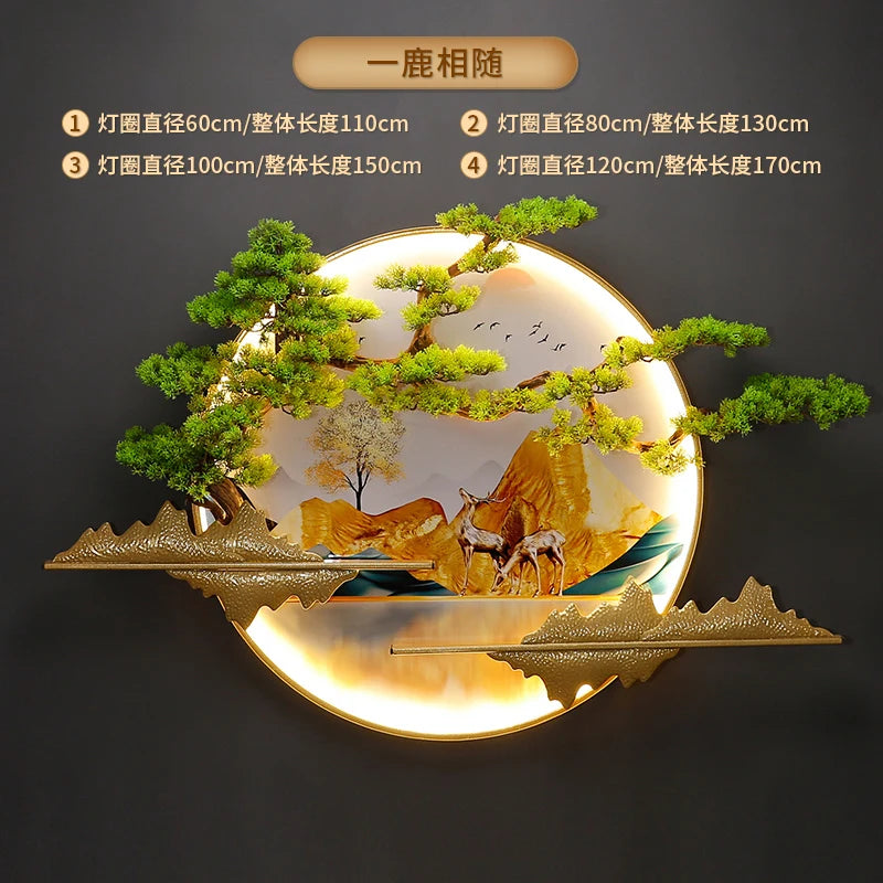 lampe murale décorative paysagère artisanale vert bleu beige doré montagnes arbres eau nuages