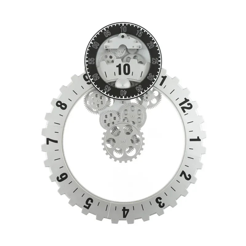 horloge murale industrielle moderne aiguilles chiffres mécanisme visible blanc noir engrenages vintage déco