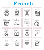étiquettes bois naturel imprimées minimaliste adhésifs français anglais espagnol allemand