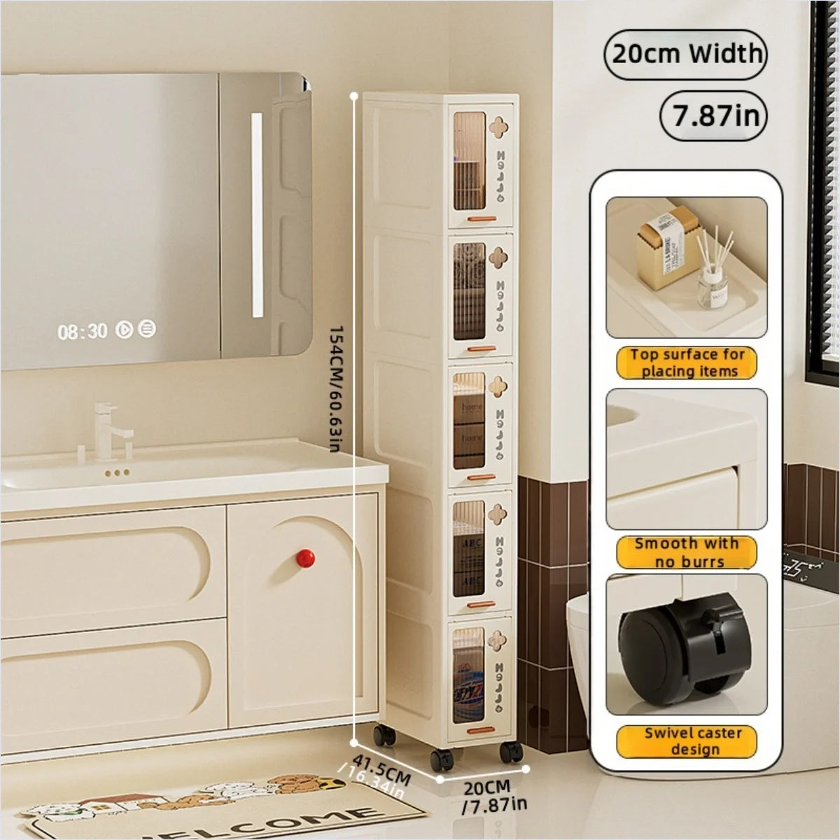 rangement mobile meuble beige compartiments tiroirs moderne minimaliste roulettes salon cuisine chambre