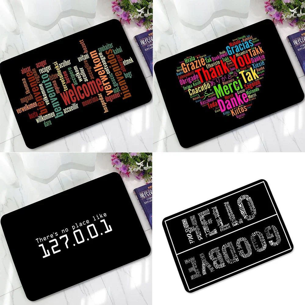 tapis antidérapant polygoneux motifs textes multilingue couleurs vives porte sol moderne