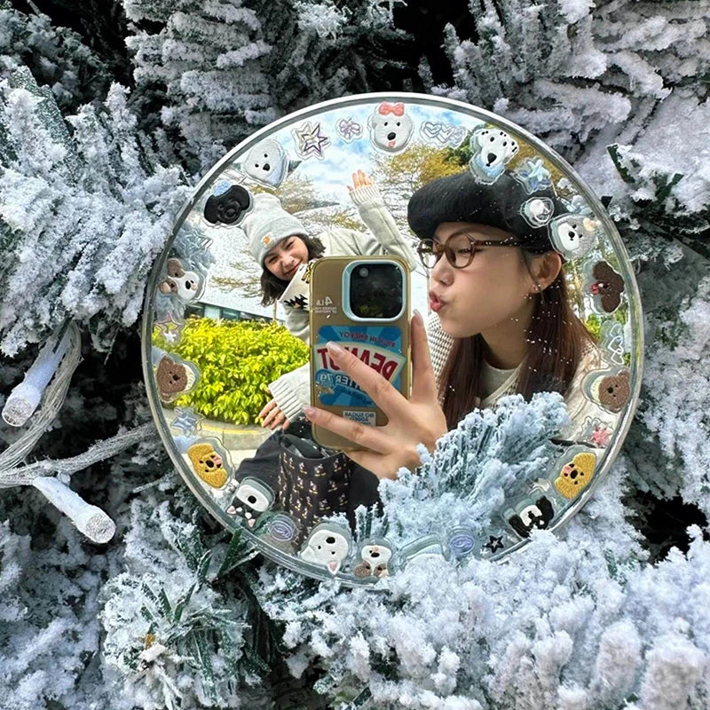 miroir rond argenté motifs visages mignons moderne selfie maquillage haute définition portable adhésif couple