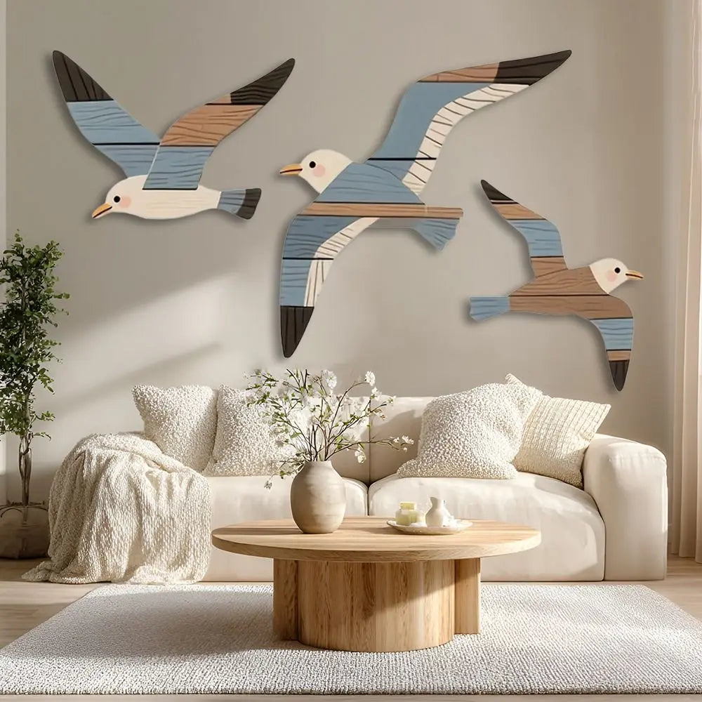 décoration murale moderne oiseaux marin bois rayures horizontales beige bleu brun