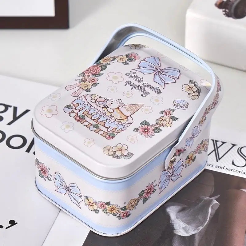 boîte biscuits blanc rose bleu vintage lapins mignons fleurs rubans anniversaire fête portable