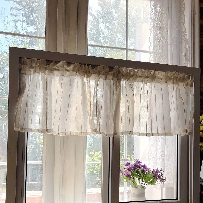 rideau valance polyester translucide blanc cassé rustique fleurs artificielles pots céramique