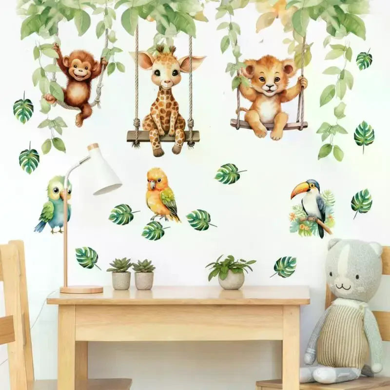 sticker mural animal jungle singe girafe lion balançoire feuilles multicolore chambre enfant